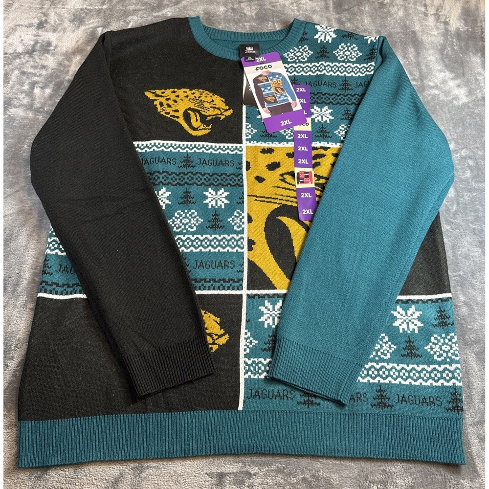 NFL Jacksonville Jaguars Busy Block Ugly Sweater FOCO NWT 2XL Teal Black Gold